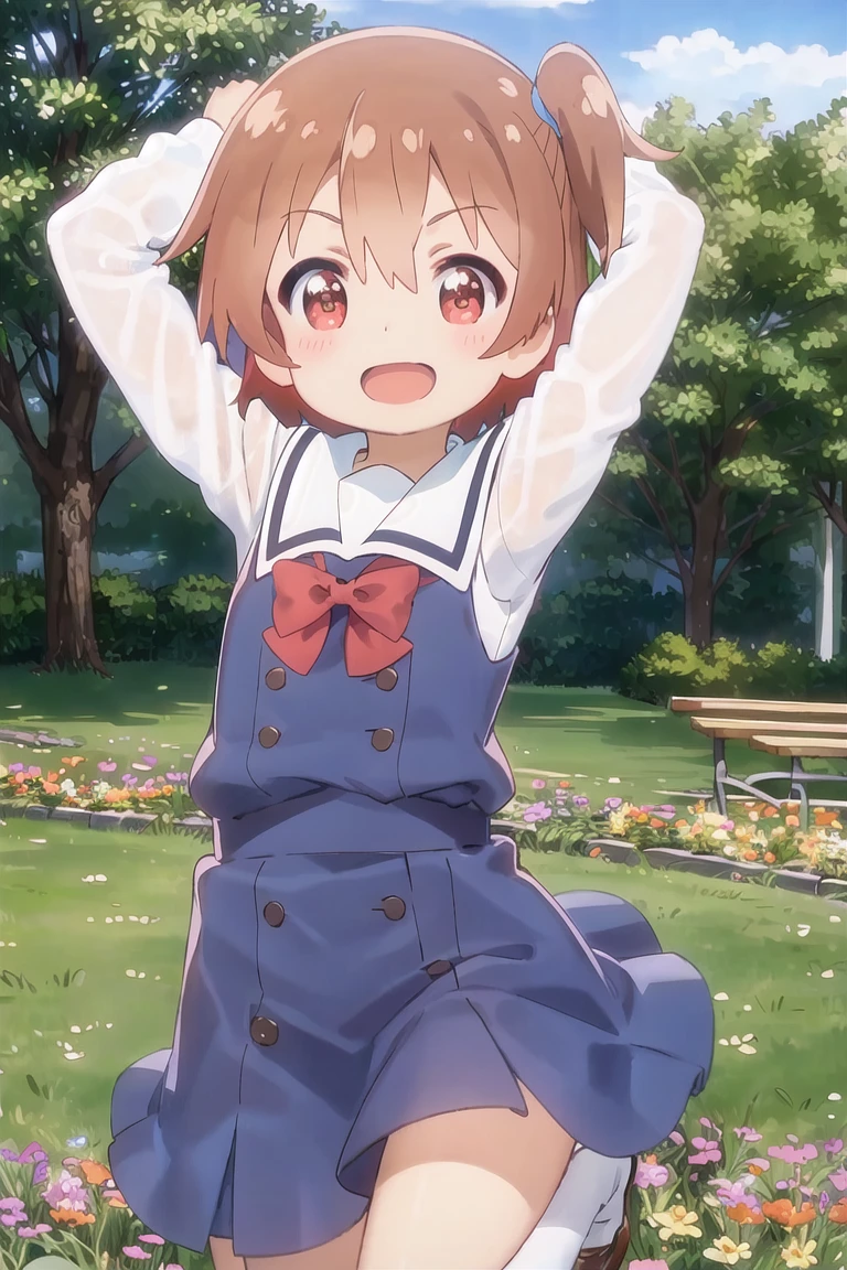 1girl, watahinata, :d, happy, blush, one side up, 
school uniform, wseifuku, long sleeves, bow, blue dress, 
lookig at viewer, arms up, (\o/:1.1), (jumping:1.1)
BREAK
outdoors, sky, field, flowers, realistic background
<lora:Wataten_Hinata-v0701:1>