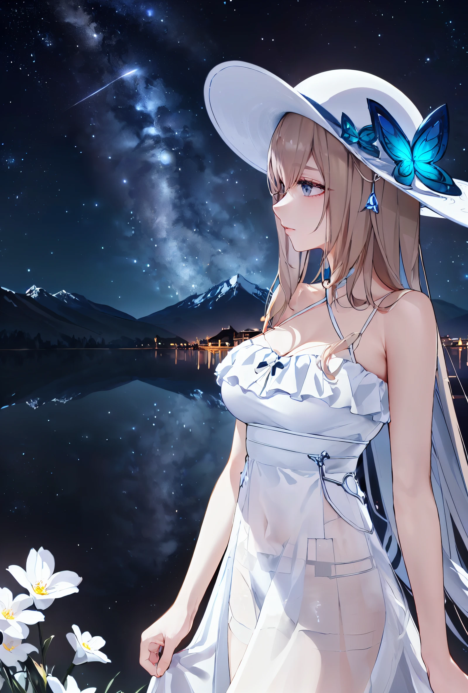 (Masterpiece, best quality,),8k wallpaper,UHD,extra detailed,great view,alpine,looking away,lake,flower field,landscape,wavy,night sky,star sky,galaxy,planet on the sky,
[jumping|sleeping|wariza|cowboy shot|standing|dancing],
<lora:nai3lora-000012:0.3>,nai3,
<lora:abyz-v100:0.8:lbw=OUTALL>,abyz,see-through dress,1girl,hat,breasts,long hair,dress,butterfly,grey eyes,
(beautiful_face),((intricate_detail)),clear face,
((finely_detailed)),fine_fabric_emphasis,
((glossy)),