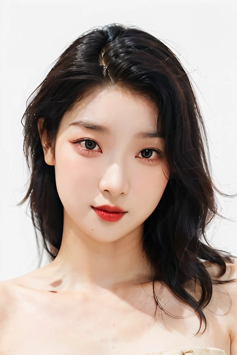(masterpiece, top quality, best quality, (close-up photograph: 2), ((1girl)), korean, fair skin, (extremely detailed face), ((looking at viewer)), ((((ultra-detailed eyes and pupils)))),((((ultra-detailed lips)))) cheekbone, plump cheeks, ((bare pectorals)), ((bare chest)), ((tube dress)), bare head, ((bare shoulders)), symmetrical frame, (((strapless))), ((closed lips)), (((smile))), ((symmetrical pose)), (symmetrical face: 1.6), 35mm, ((((minimal plain white background)))), ((no lighting)),no watermark, ((medium hair)), <lora:ParmyAU:0.7>