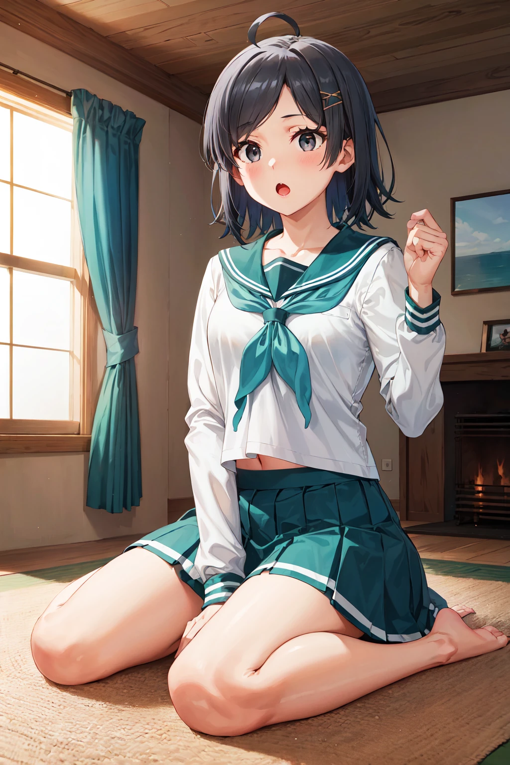 masterpiece, best quality, highres, aakomachi, short hair, ahoge, black eyes, hairclip, x hair ornament, serafuku, collarbone, sailor collar, aqua neckerchief, white shirt, long sleeves, aqua skirt, <lora:hikigaya_komachi_v1:0.7>, barefoot, :o, wariza, living room, looking at another,
