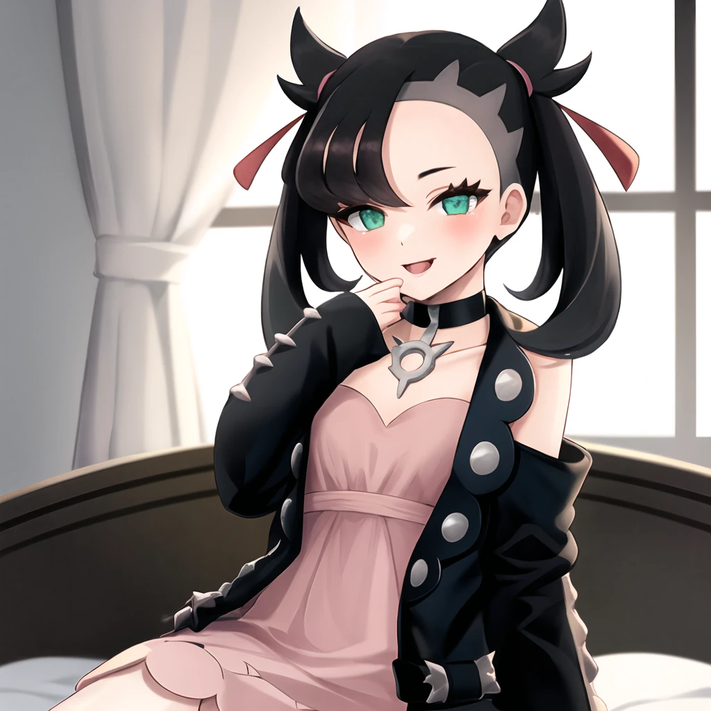 masterpiece, best quality, highly detailed, 1girl, solo, <lora:marnie_pokemon-08:1> (marnie_pokemon:1.3),
black hair, asymmetrical bangs, hair ribbon, green eyes, (seductive smile:1.4), open mouth, small breasts, choker, collar, blush,
sitting, bed, bedroom, (wide sleeves:1.3), (hand in front of mouth:1.4), (sleeves past wrists:1.5), black nails,
marnie_default, dress, pink dress, jacket, black jacket