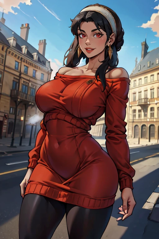masterpiece,best quality,extreme detail,8k,masterpiece,best quality,highres,bbyorf,short hair with long locks,white hairband,red eyes,gold earrings,large breasts,jewelry,off shoulder,red sweater,sweater dress,long sleeves,black pantyhose,<lora:yor_forger_v1:0.8>,outdoors,standing cowboy shot,smile ,<lora:Shexyoart:0.8>,shexyoart,wide hips,huge ass,