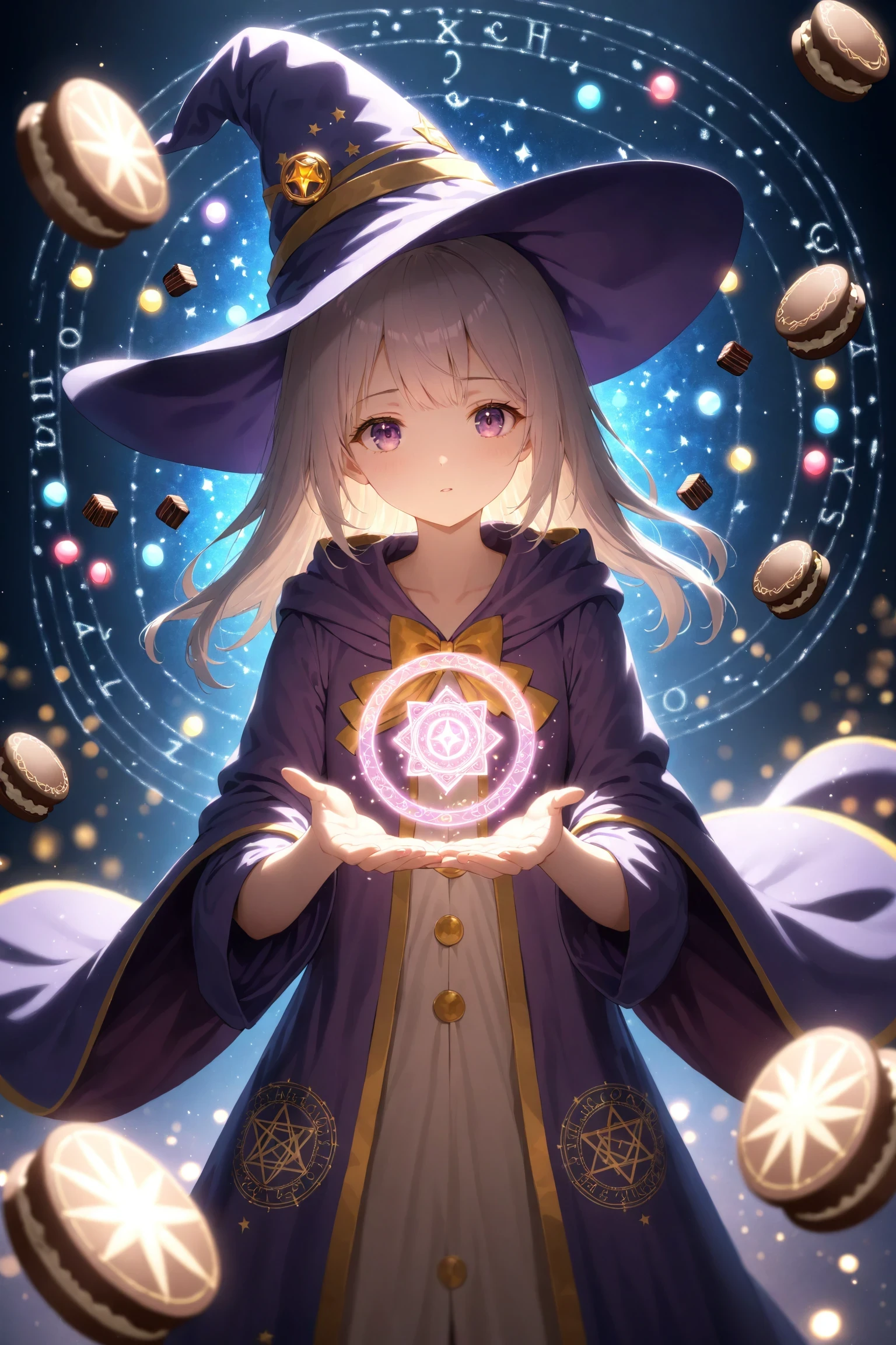 Floating Wizard Robe 1girl, solo, wizard hat, robe, floating chocolates, magic, spelling ...