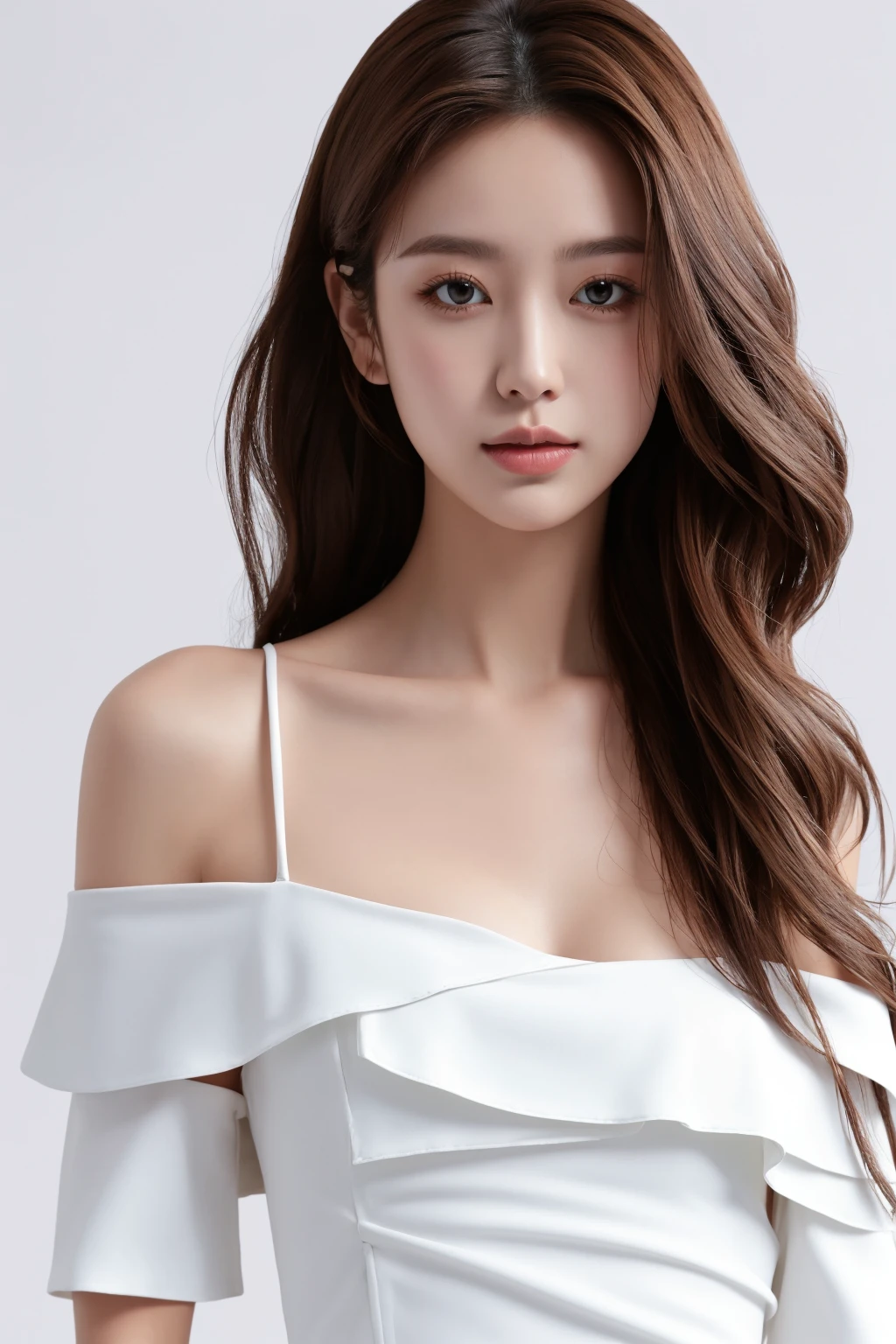 1girl, solo, realistic, brown hair, long hair, brown eyes, white background, simple background, looking at viewer, lips, upper body, bare shoulders, strap slip, dress, closed mouth, off shoulder, white dress, masterpiece, best quality,