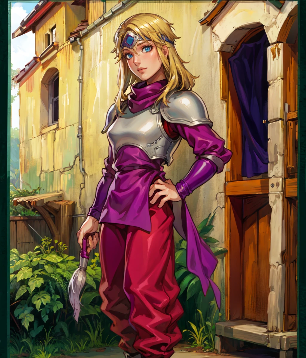 masterpiece, high res, detailed face, detailed eyes, anime screencap, 1 girl, solo,  blonde hair, blue eyes, circlet, purple bandana, yellow outfit, red pants, armor, full body, cowboy shot, outdoors, castle <lora:Cleo:1>