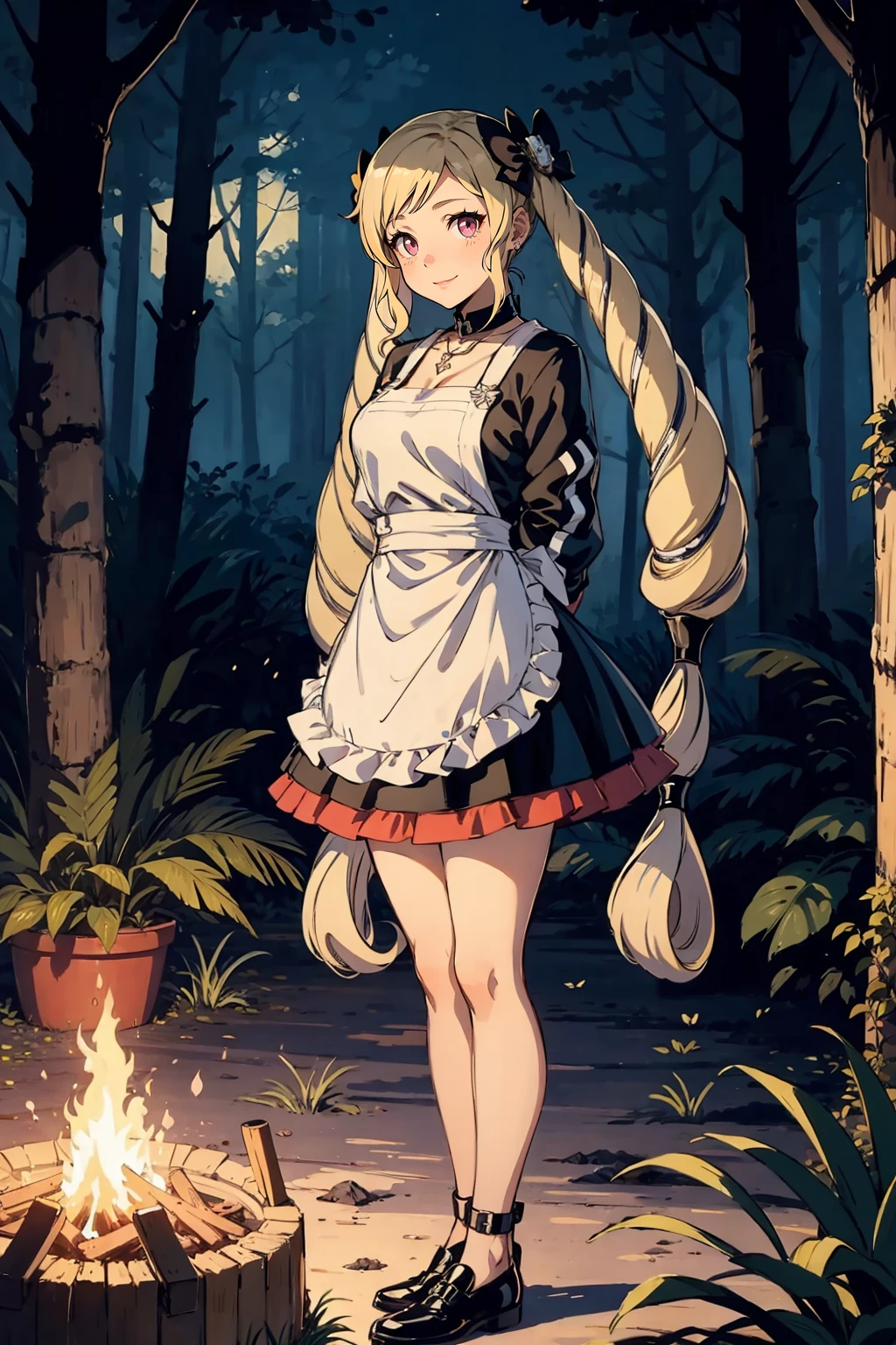 masterpiece, best quality, <lora:EPfeElise-10:1> EPfeElise, blonde hair, twintails, photomosaic, cabin, forest, campfire, evening, arms behind back, apron, layered skirt, jewelry, necklace, bracelet, ring, leather shoes, light smile
