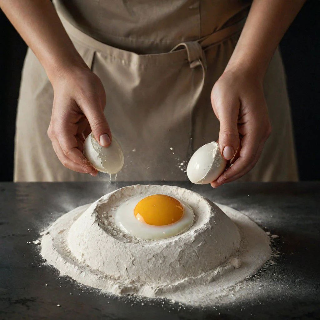 "Capture the essence of culinary collaboration in a single frame: Two pairs of women's hands delicately breaking an egg over a mound of flour. Showcase the beauty of teamwork, the anticipation of a shared culinary adventure, and the artistry of creating something delicious together.
a neon-pastel kitchen landscape, photorealistic, 