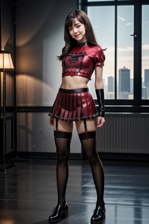 ((Masterpiece, best quality, cinematic lighting, 8k, full body shot, long hair)), (smile:0.85), (realistic scenic background)
<lora:Red_Latex_Skirt_Top_By_Stable_Yogi:0.8>
latex red and black pleated micro skirt, black printed top, midriff, thigh highs, garter straps, shoes