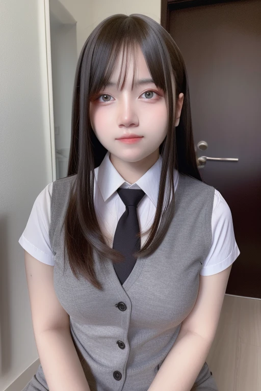Highest quality、Ultra-high resolution、Professional Lighting、Detailed Background、workroom、full body,Kobeni-chan、A sloppy smile、25-year-old woman、beautiful girl、(Kobeni-chan、Jet black hair, Black Hair, bangs, One-sided hair,)、(Red Hair Clip:1.1)、(White shirt:1.2)+(Black tie:1.2)+(black long pants for work:1.2)、(Huge breasts that look like they might burst:1.2)、(Big thighs:1.1)、Are standing、Model pose