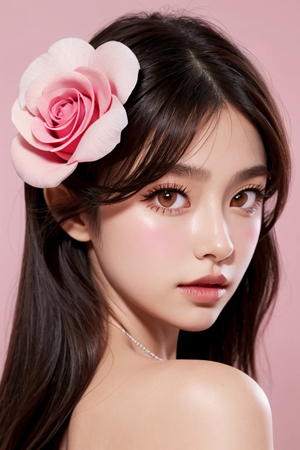 1girl, solo, flower, long hair, brown hair, hair flower, hair ornament, realistic, lips, brown eyes, looking at viewer, bare shoulders, rose, simple background, dress, pink flower, upper body, eyelashes
