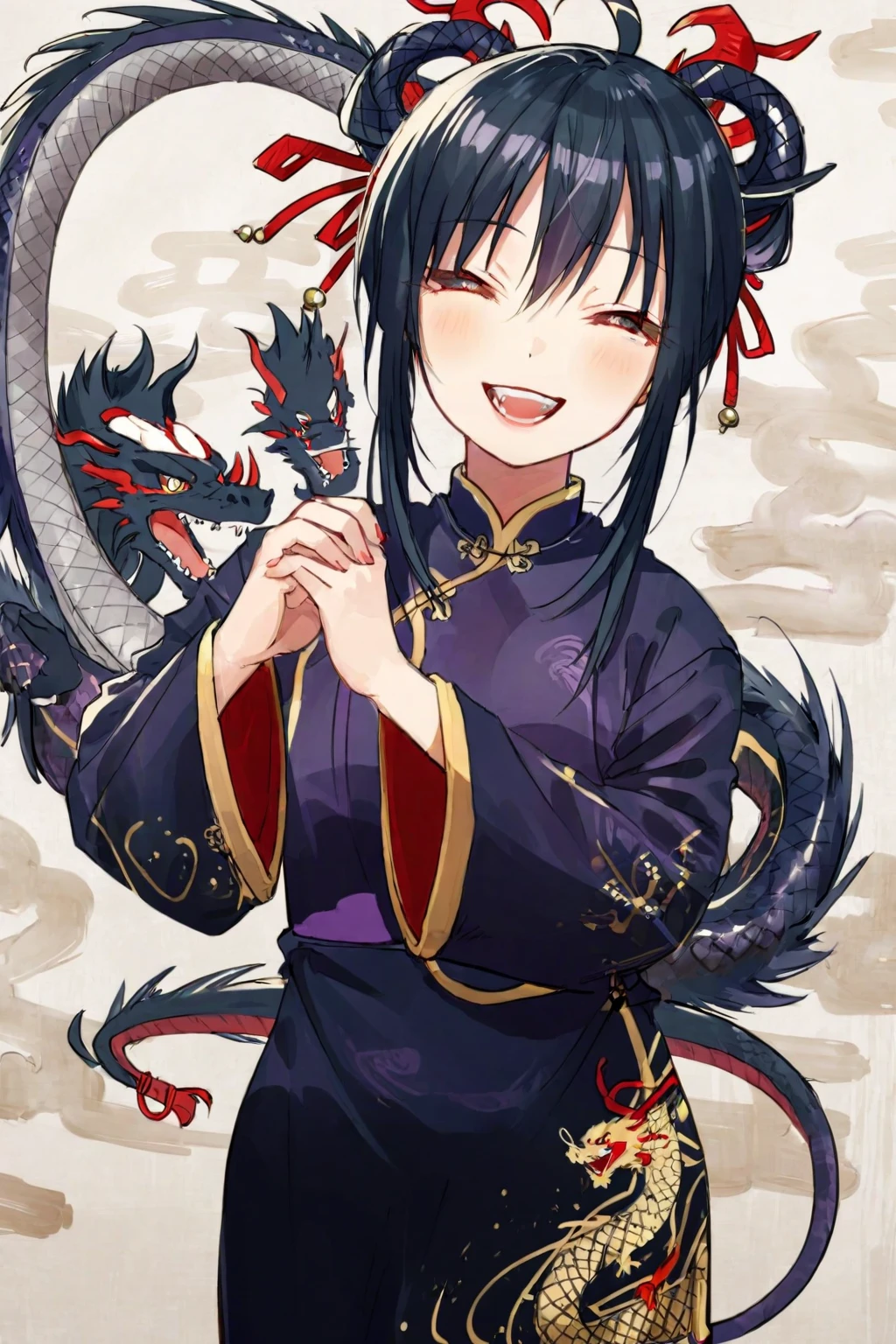 (palm-fist greeting:1.2),(bainian pose:1.5),nice hands,perfect hands,<lora:bainianPoseXL:1>,(1girl:1.2),(solo:1.2),masterpiece,best quality,highly detailed,highres,extremely detailed wallpaper,smile,open mouth,teeth,chinese dragon,ink,ink painting,