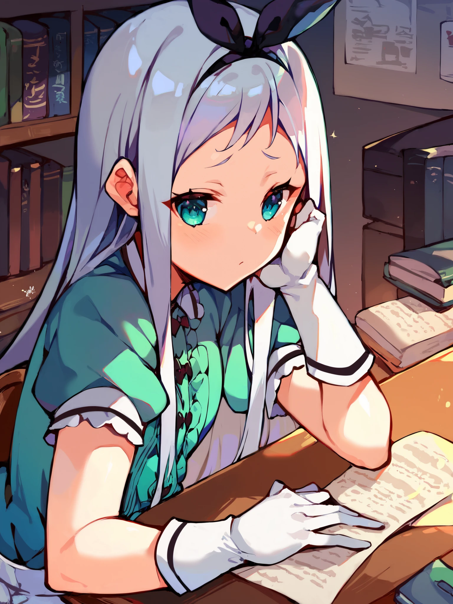 score_9, score_8_up, score_7_up, uncensored, source_anime, <lora:spblendsKanzakiHideriXL:1> hideridef, otoko no ko, hair bow, black hairband, dress, short sleeves, frills, waist apron, frilled apron, skirt, white gloves, white thighhighs, sitting, desk, upper body