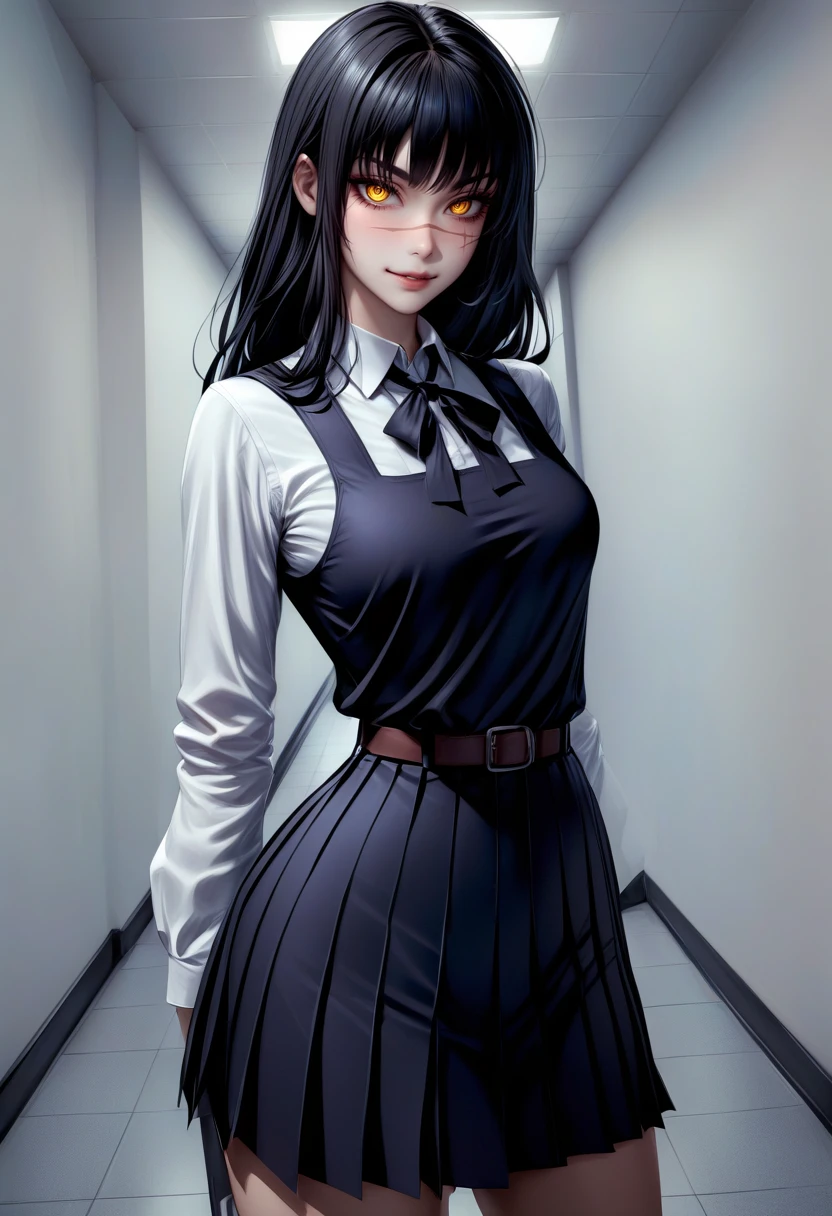 solo,  1girl,  csmyoru,  scar on face,  evil smile,  looking at viewer,  standing,  yellow eyes,  ringed eyes,  school uniform,  pinafore dress,  white shirt,  ribbon,  long sleeves,  belt,  indoors,  hallway,<lora:EMS-281759-EMS:1.000000>