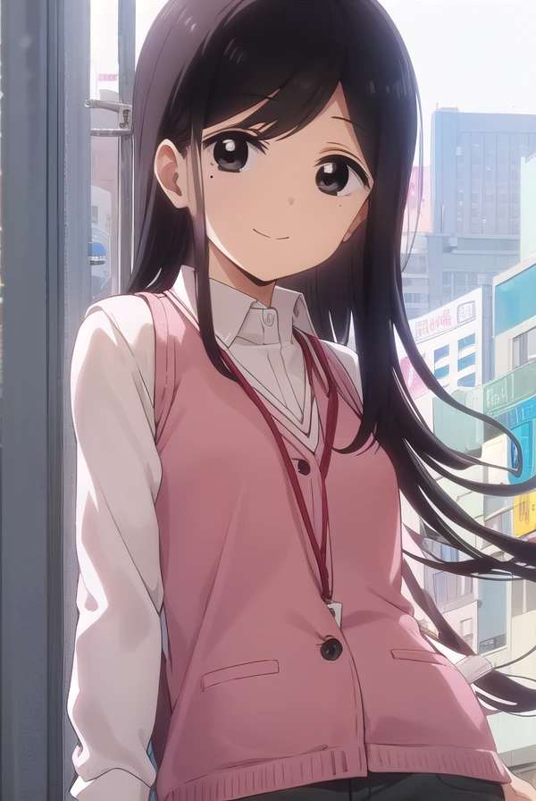 toukosakurai, <lora:touko sakurai s1-lora-nochekaiser:1>,
touko sakurai, black hair, (black eyes:1.5), sidelocks, medium hair, mole, mole under eye, (swept bangs:1.5), smile,
BREAK shirt, long sleeves, collared shirt, pants, vest, office lady, id card, lanyard, (pink vest:1.2),
BREAK indoors, office,
BREAK looking at viewer, (cowboy shot:1.5),
BREAK <lyco:GoodHands-beta2:1>, (masterpiece:1.2), best quality, high resolution, unity 8k wallpaper, (illustration:0.8), (beautiful detailed eyes:1.6), extremely detailed face, perfect lighting, extremely detailed CG, (perfect hands, perfect anatomy),
