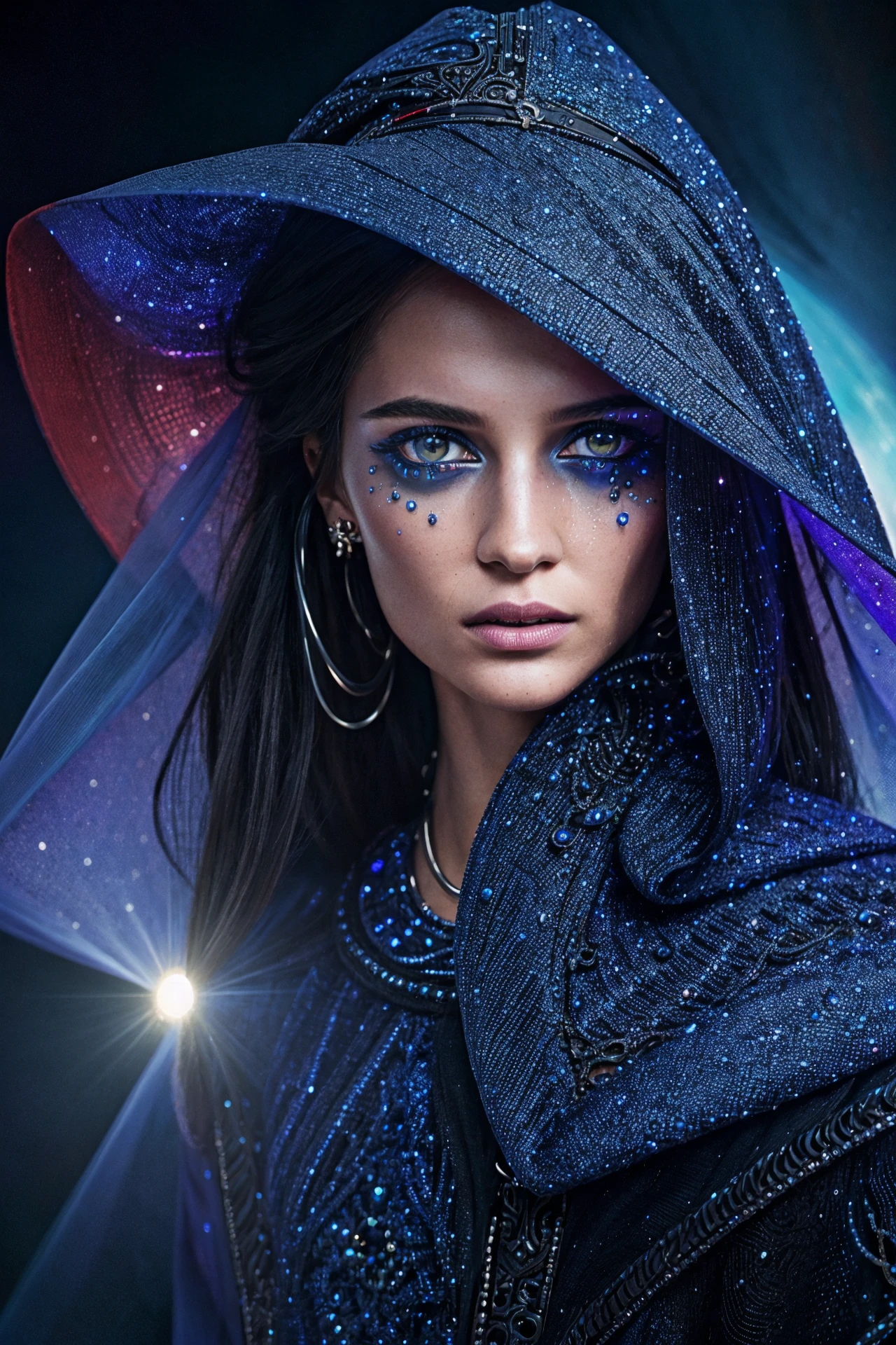 Fashionable portrait of androgynous alien looking witch wearing veil, glowing eyes, futuristic design, minimal details, givenchy, photoreal, 200mm, hd, f/ 2.0, highly detailed, surreal , drop dead, in the style of red and blue, (intricate details, hyperdetailed:1.15) (skin texture:1.2)  <lora:Alicia_Vikander_v2_640x960:0.85>