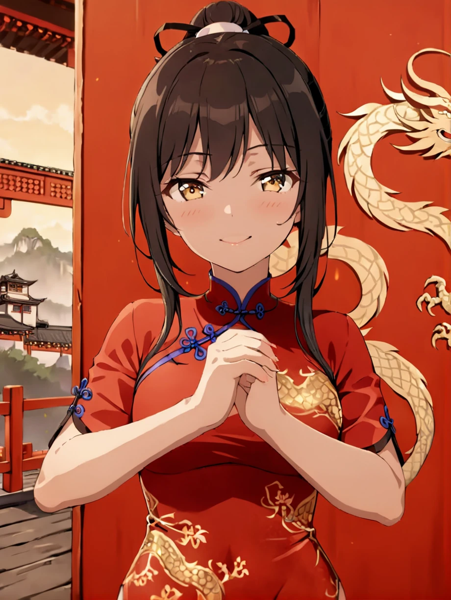 (1girl:1.2),(solo:1.2),masterpiece,best quality,highly detailed,best quality,illustration,highres,extremely detailed wallpaper,anime screencap,third-party edit,happy,qipao,chinese new year,chinese dragon,by reiko,
nice hands,perfect hands,palm-fist greeting,bainian pose,<lora:bainianPoseXL:0.9>,