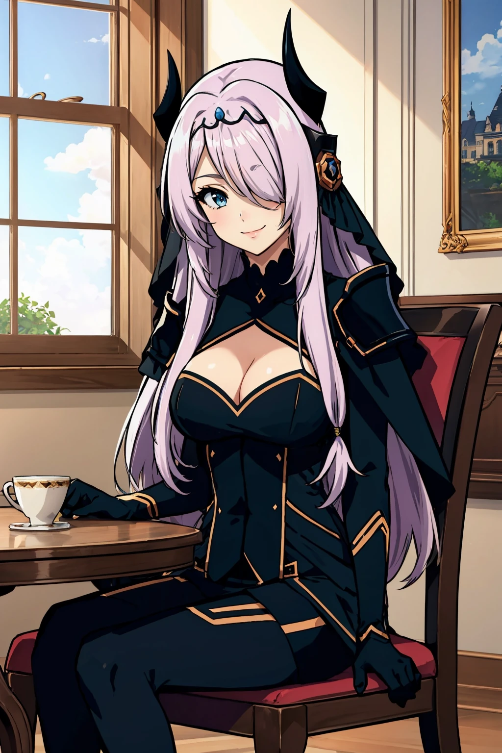 masterpiece, best quality, <lora:victoria-nvwls-v1-000010:0.9> victoria, horns, tiara, veil, black bodysuit, shoulder armor, long sleeves, cleavage cutout, black gloves, black overskirt, black pants, large breasts, sitting, chair, table, mansion, smile