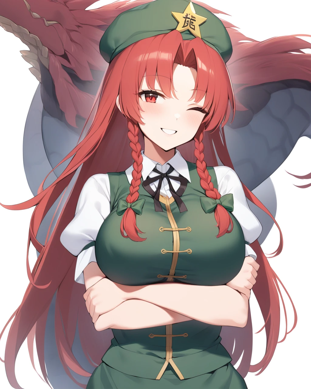 masterpiece,best quality,<lora:dongfangv1-000008:1>,meiling_touhou, hong_meiling_touhou, 1girl, one_eye_closed, red_eyes, large_breasts, smile, solo, crossed_arms, ;\), looking_at_viewer, eastern_dragon, white_background, puffy_short_sleeves, green_dress, simple_background, breast_hold, shirt