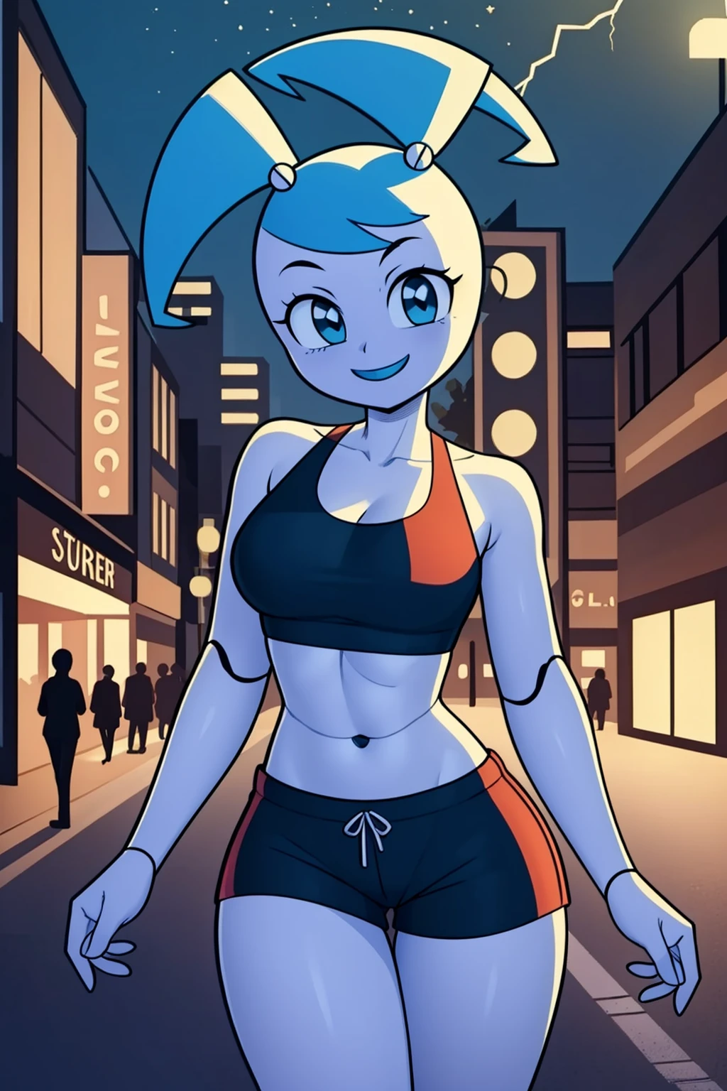 (masterpiece, best quality:1.2), detailed, hdr, jenny, 1girl, robot, twintails, grin, iron skin, looking at viewer, sexy body, black crop top, shorts, urban city, street, night, neon lightning, <lora:Jenny_Robot:0.7>,