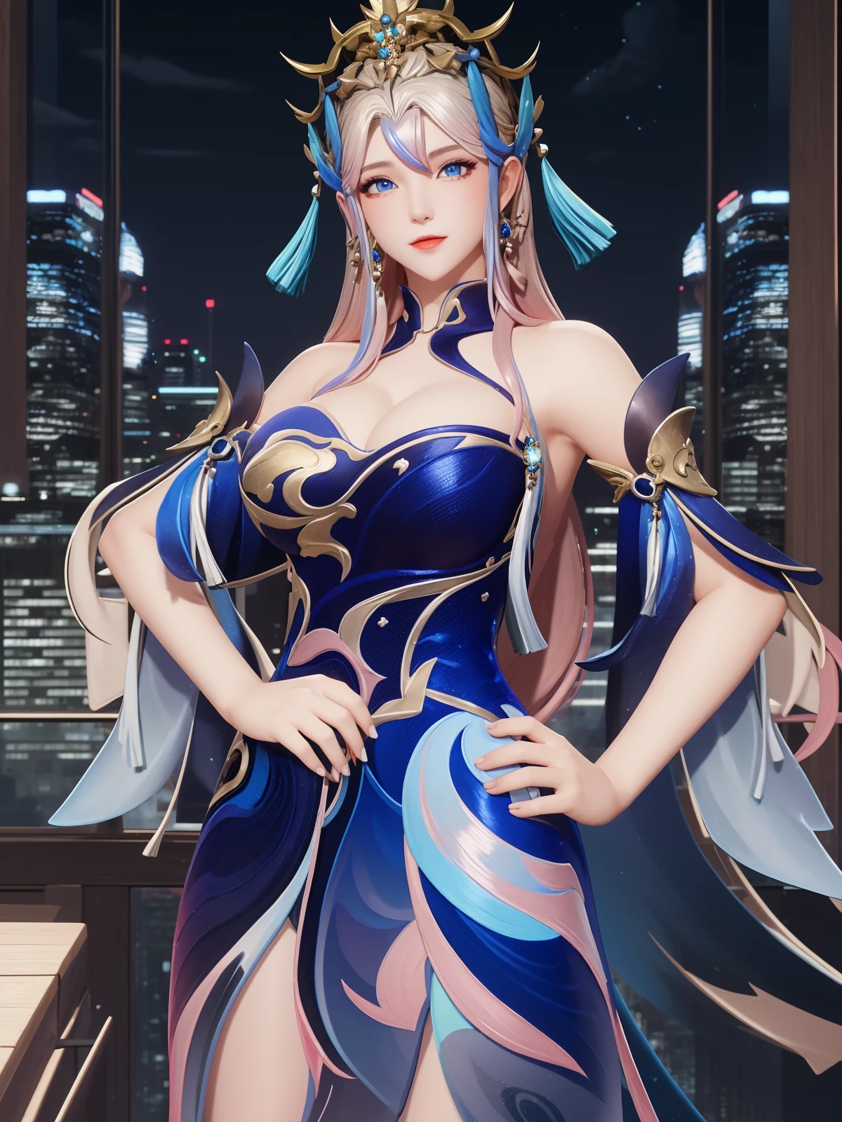 WZRYwangzhaojunQLYY, 1girl, solo, dress, long hair, bare shoulders, looking at viewer, breasts, blue eyes, detached sleeves, hair ornament, tassel,gem,multicolored hair,multicolored clothes,  <lora:WZRYwangzhaojunQLYY:0.75>,cityscape, night,