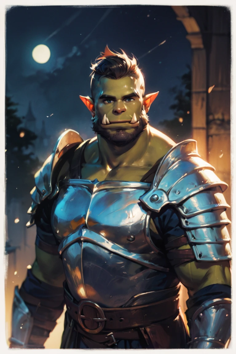 score_9, score_8_up, score_7_up, score_6_up, score_5_up, score_4_up, solo, male focus, mature male, orc, green skin, tusks, beard, outdoors, armor, looking at viewer, shoulder armor, breastplate, upper body, closed mouth, pauldrons, night, night sky, standing <lora:Anime Summer Days Style SDXL_LoRA_Pony Diffusion V6 XL:1>