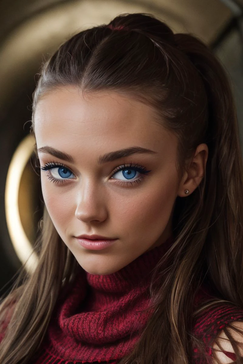portrait of S308_CourtneyKnox,a gorgeous woman,in a (dark-tunnel:1.1),wearing a (cowlneck:1.1),(red and gold),(4k, RAW photo, best quality, depth of field, ultra high res:1.1),(absurdres, intricate, photorealistic, masterpiece, ultra-detailed:1.1),
