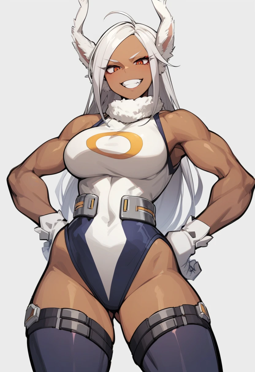 solo, 1girl, mirkodef, dark skin, muscular, grin, looking at viewer, hands on hips, highleg leotard, turtleneck, sleeveless, gloves
