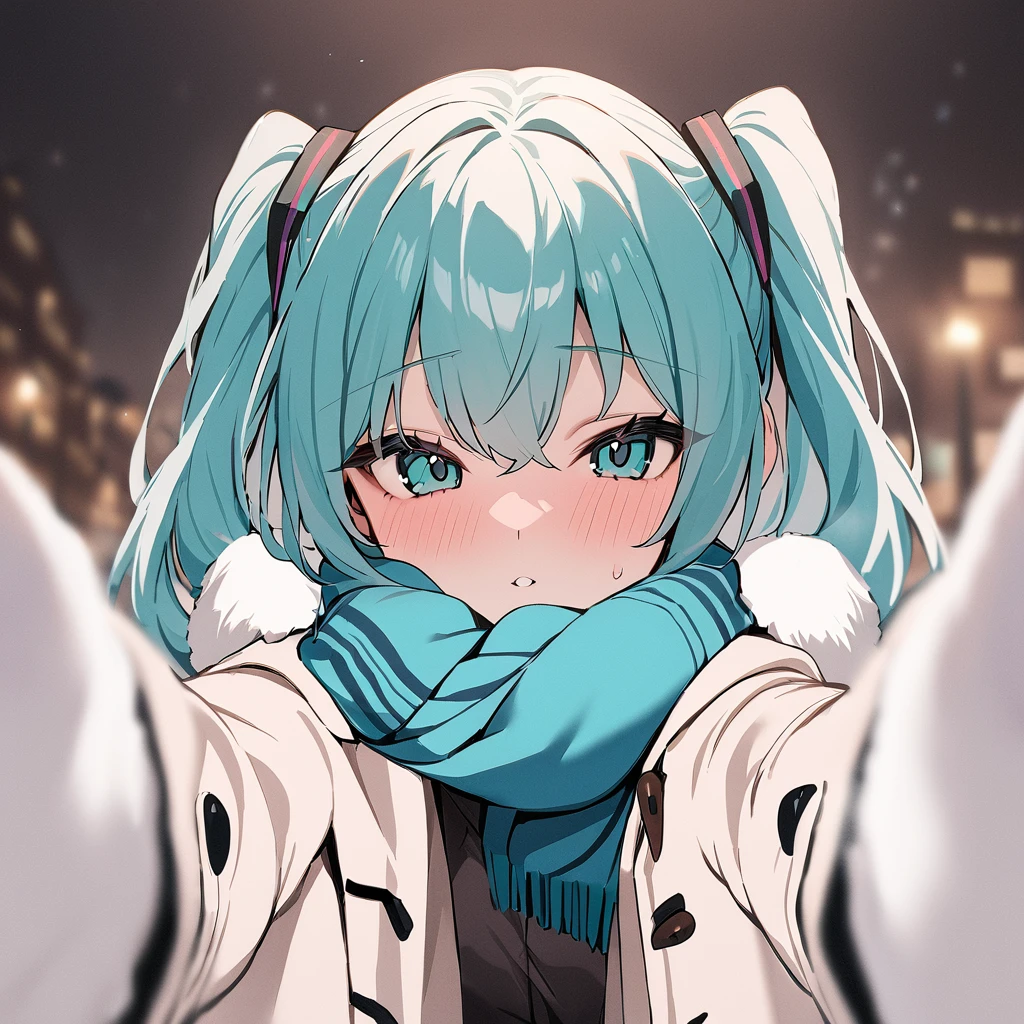 <lora:xl_pov_cheek_warming_(meme)-000004:1>,1girl,scarf,looking at viewer,blush,winter clothes,coat,blurry,pov,hatsune miku,, masterpiece, best quality,