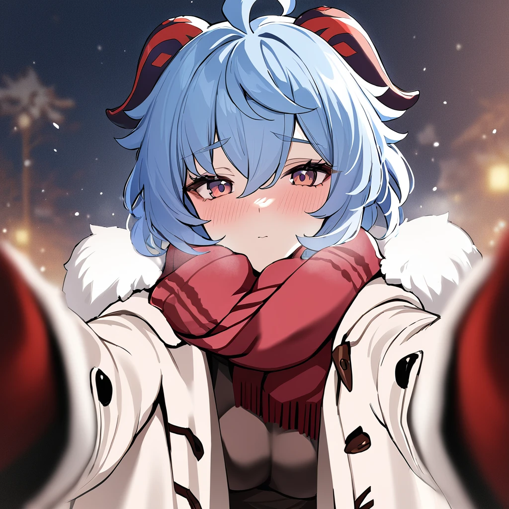 <lora:xl_pov_cheek_warming_(meme)-000004:1>,1girl,scarf,looking at viewer,blush,winter clothes,coat,blurry,pov,ganyu \(genshin impact\),, masterpiece, best quality,
