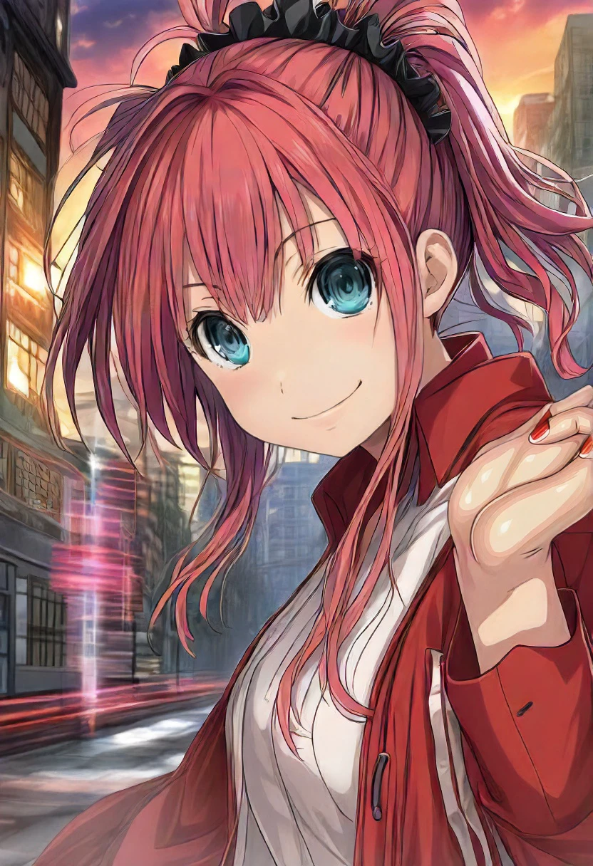 closeup, Yamada Anna from Lycoris Recoil, happy face, city street background, sunset