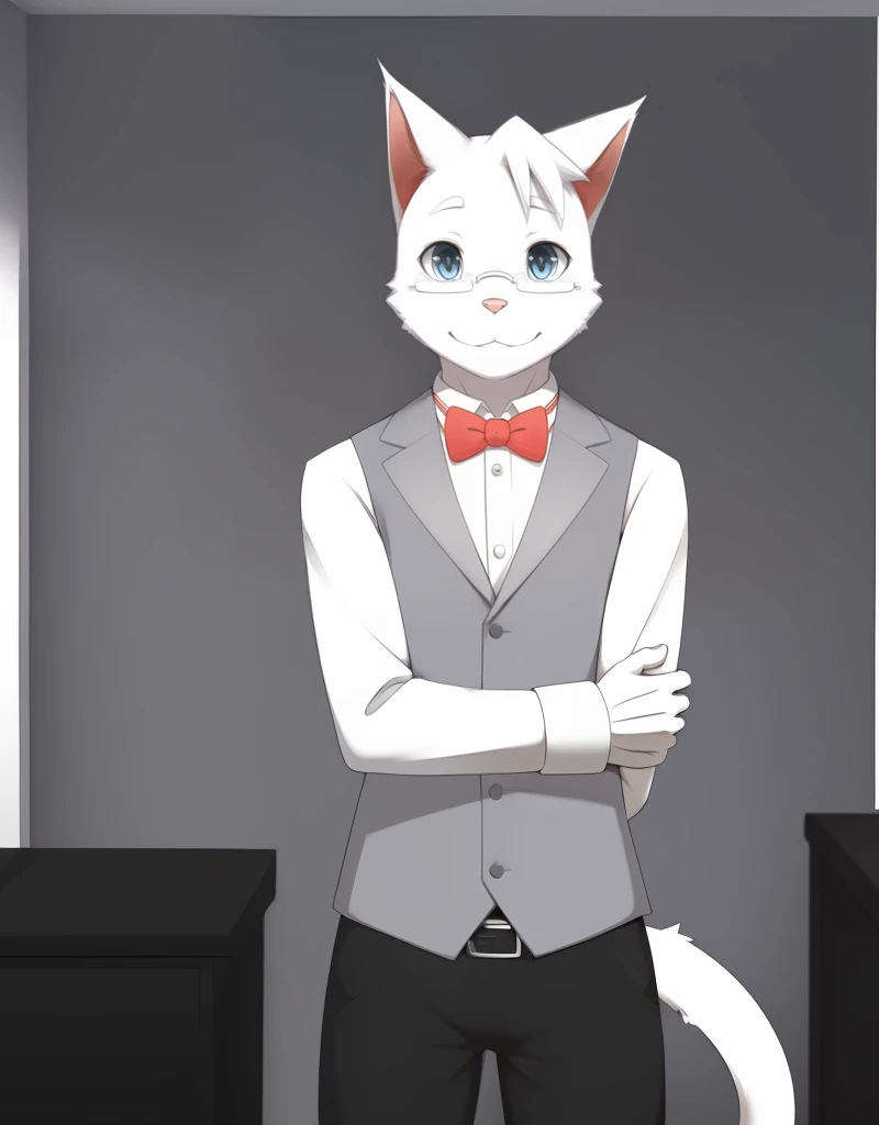 (((detailed eyes, detailed face))), (furry, tsukishiro <lora:character_tsukishiro_findigo_v1:0.9>, white skin, white hair, glasses, cat, aqua eyes), male, (solo), (plump), (grey vest, traditional bowtie, white shirt, black pants), spreading, (arms behind back), smile BREAK (konzaburou, ukan_muri, cute), bedroom, (flat shading, flat color, high brightness), 8k, UHD, masterpiece, (full body)