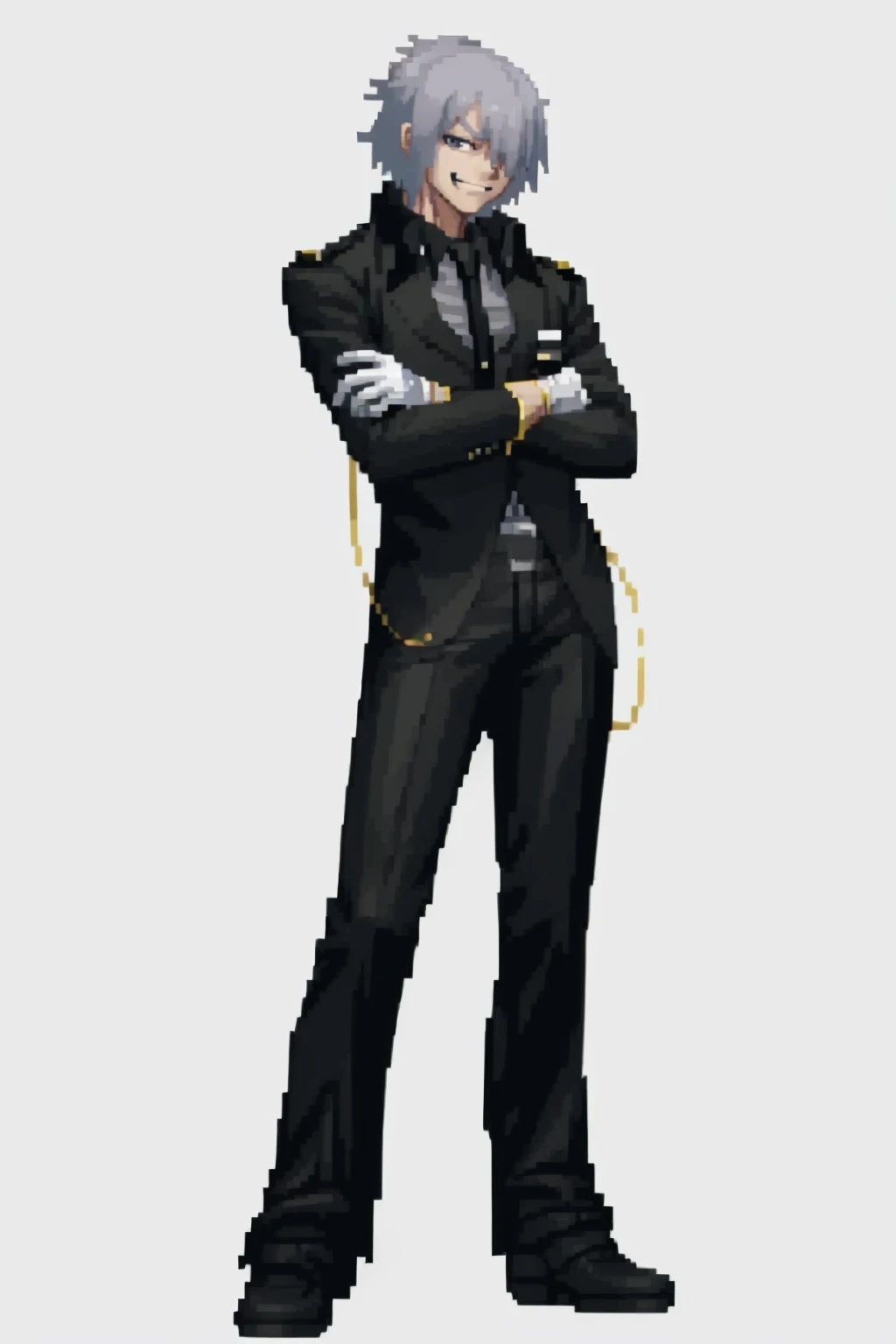 masterpiece, best quality, solo, 1boy, looking at viewer, smirk, <lora:YamatoV2_Fp:0.9>, yamatodesu2, necktie, gloves, black uniform, hair over one eye, <lora:SNK-Kof_sprites_Fp:0.8>, simple background, full body, standing,