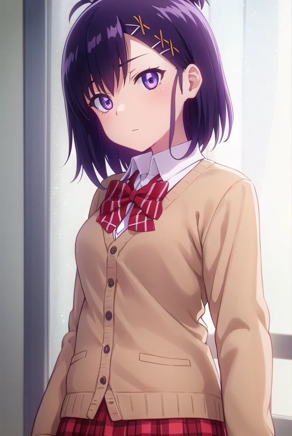 vignettetsukinoseapril, <lora:vignette tsukinose april s1-lora-nochekaiser:1>,
vignette tsukinose april, short hair, hair ornament, (purple eyes:1.1), purple hair, hairclip, x hair ornament, topknot,
BREAK skirt, shirt, bow, school uniform, pleated skirt, bowtie, red bow, plaid, red skirt, plaid skirt, cardigan, brown cardigan,
BREAK indoors, classroom,
BREAK looking at viewer, (cowboy shot:1.5),
BREAK <lyco:GoodHands-beta2:1>, (masterpiece:1.2), best quality, high resolution, unity 8k wallpaper, (illustration:0.8), (beautiful detailed eyes:1.6), extremely detailed face, perfect lighting, extremely detailed CG, (perfect hands, perfect anatomy),