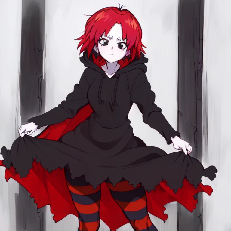 (masterpiece, best quality, highres:1.4), highly detailed, detailed shading, vibrant colors,  evangelion anime style, 1girl, solo, ruby gloom, short hair, dress, pantyhose, striped, cape, black dress, black eyes, cloak, red cape, hooded cloak,  <lora:ruby_gloom:1>, <lora:evangelion_anime_style_offset:0.7>