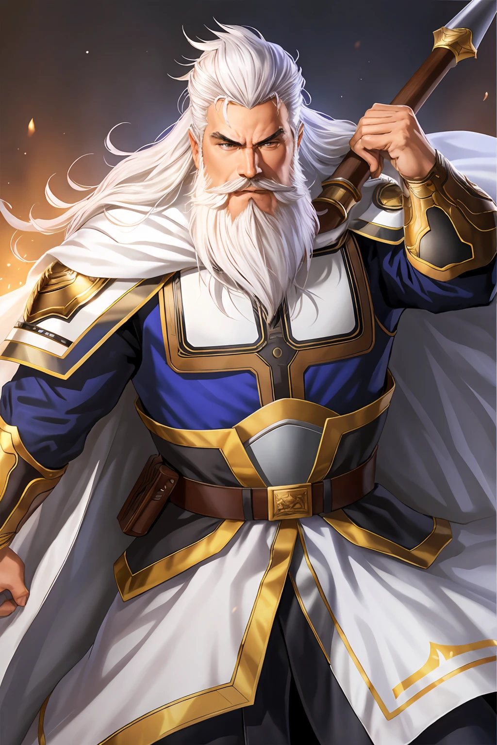 san14 general, solo, 1boy, weapon, white hair, male focus, cape, armor, facial hair, helmet, beard, mustache <lora:RomanceOfThreeKingdomStyle_v1:0.8>
