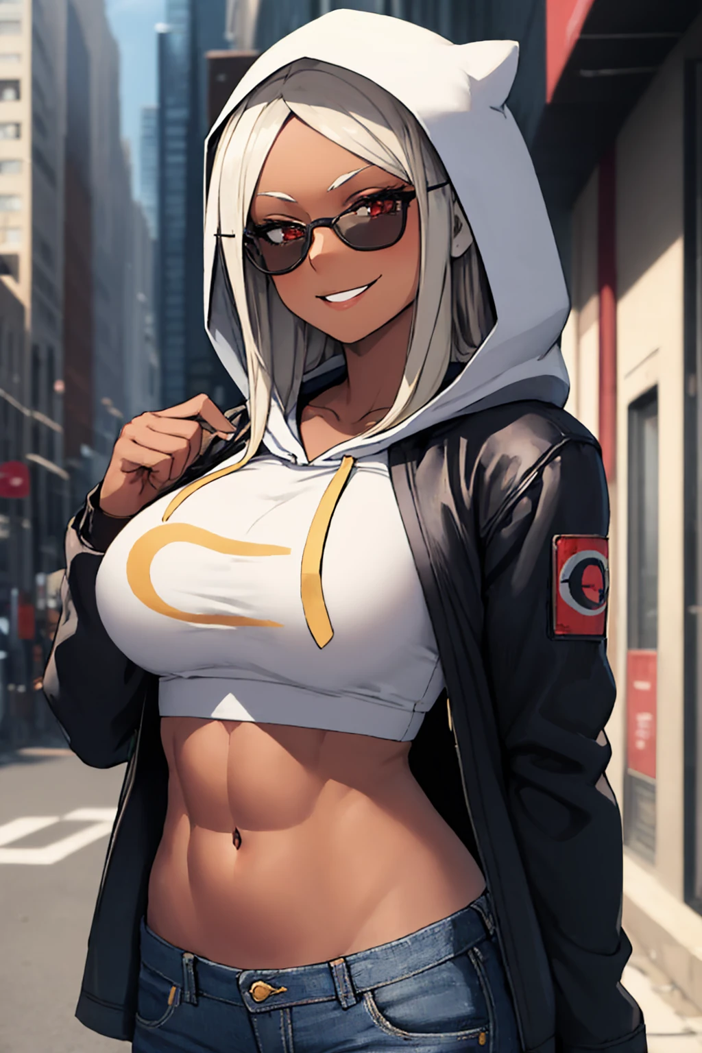 (masterpiece, best quality:1.2), solo, 1girl, mirkornd, dark skin, muscular, smile, sunglasses, hooded jacket, jeans, midriff, large breasts, outdoors, city street <lora:mha_mirko-17:1>