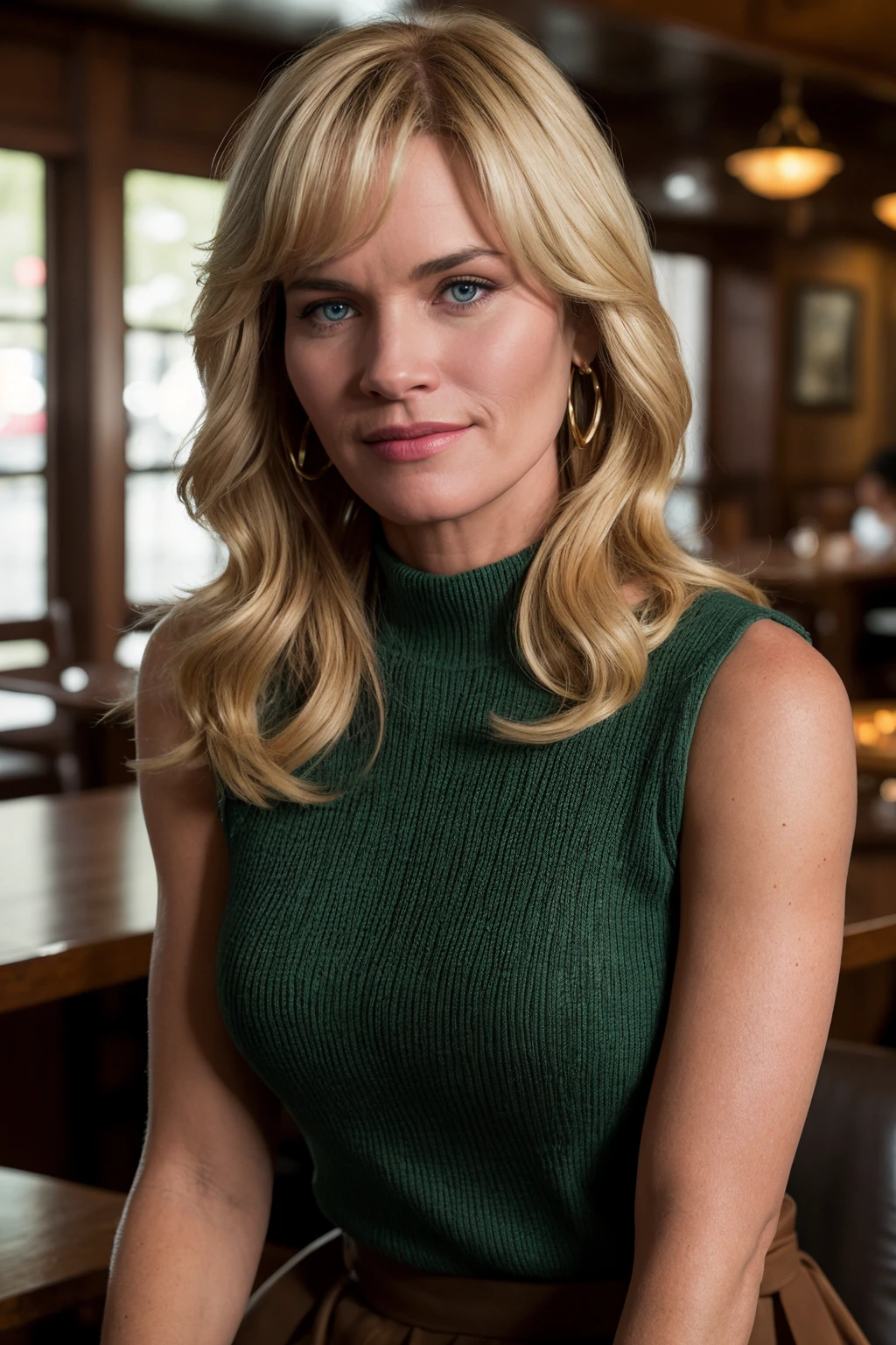 Ultra-HD-details, (lively-looks), photo of mature blonde r4nd1_brooks, sensual face, smiling, wearing high neck sleeveless blouse, (sitting in a crowded cafe, having a fun date),
detailed skin texture, masterpiece, high quality, intricate details, wide angle, cinematic establishing shot, subsurface scattering, color grading, layered depth, parallax effect, soft focus foreground