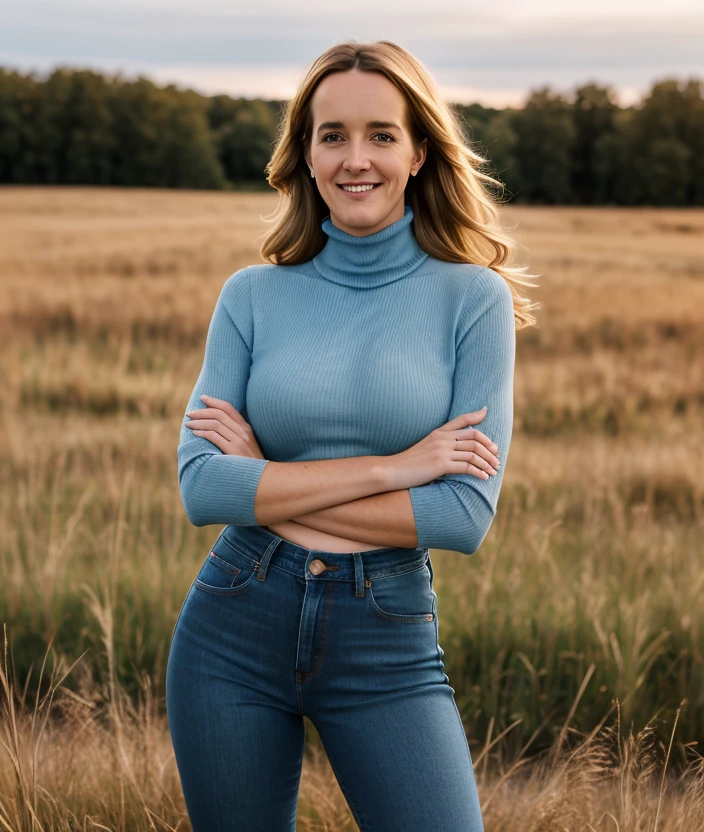 <t3b1p0>, girl, detailed eyes, ((nature, outdoor, Grass, background)), close portrait photo, Spectacular light, 8k, soft lighting, high quality, breast, top, upper body, (Turtleneck), Turtleneck, smile, jeans
