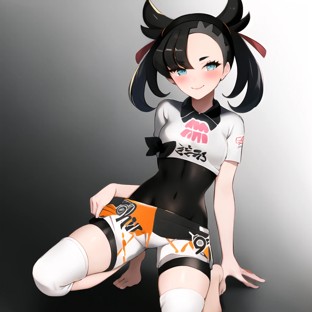 masterpiece, best quality, highly detailed, 1girl, solo, <lora:marnie_pokemon-08:1> (marnie_pokemon:1.3),
black hair, asymmetrical bangs, hair ribbon, green eyes, (seductive smile:1.4), small breasts, choker, collar, blush,
kneeling, gym,
<lora:bea_outfit-08:1> (bea_outfit:1.3), bodysuit, black bodysuit, bodysuit under clothes, hairband, black hairband, bow hairband, shirt, knee pads, shorts, short shorts, short sleeves, white shirt, barefoot