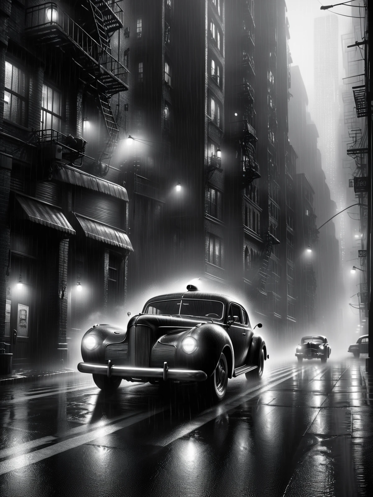 muscle car speedy through city, rain, fog, 1940, detective noir <lora:Sin_City_Movie_Style_SDXL:1> mad-sincity, (masterpiece:1.2), best quality, (hyperdetailed, highest detailed:1.2), high resolution textures
