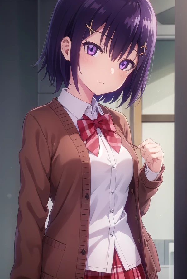 vignettetsukinoseapril, <lora:vignette tsukinose april s1-lora-nochekaiser:1>,
vignette tsukinose april, short hair, hair ornament, (purple eyes:1.1), purple hair, hairclip, x hair ornament, topknot,
BREAK skirt, shirt, bow, school uniform, pleated skirt, bowtie, red bow, plaid, red skirt, plaid skirt, cardigan, brown cardigan,
BREAK indoors, classroom,
BREAK looking at viewer, (cowboy shot:1.5),
BREAK <lyco:GoodHands-beta2:1>, (masterpiece:1.2), best quality, high resolution, unity 8k wallpaper, (illustration:0.8), (beautiful detailed eyes:1.6), extremely detailed face, perfect lighting, extremely detailed CG, (perfect hands, perfect anatomy),