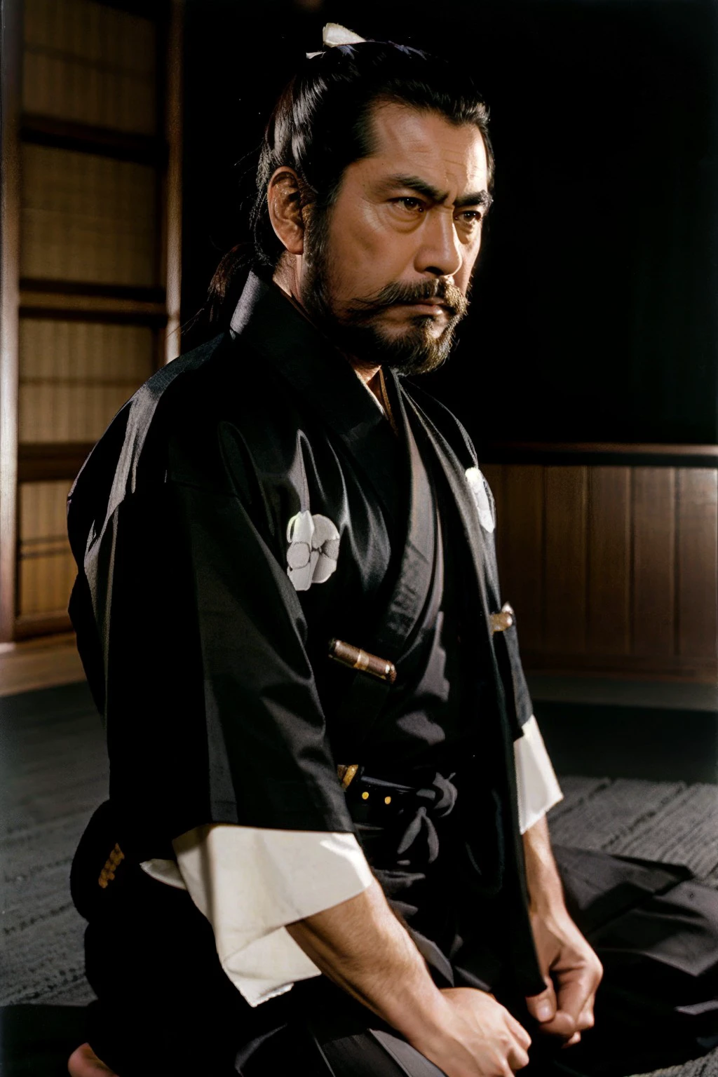 cinematic film still celebrity photo, professional portrait, from angled profile, from 3/4 angle,
(masterpiece, realistic, best quality, high quality, highres, ultra-detailed),
<lora:ToshiroMifune_SD15_v1.0a:1>
intense serious Toshiro Mifune Samurai
topknot, full long beard and mustache,
sitting in seiza pose,
in a Black kimono-style top with contrasting white collar Black hakama pants scabbard, black leather belt
beautiful lighting, rule of thirds, simple backdrop, incredibly detailed fabrics, fine fabric emphasis, simple background,
detailed face in style of Chuck Close . shallow depth of field, vignette, highly detailed, high budget, bokeh, cinemascope, moody, epic, gorgeous, film grain, grainy