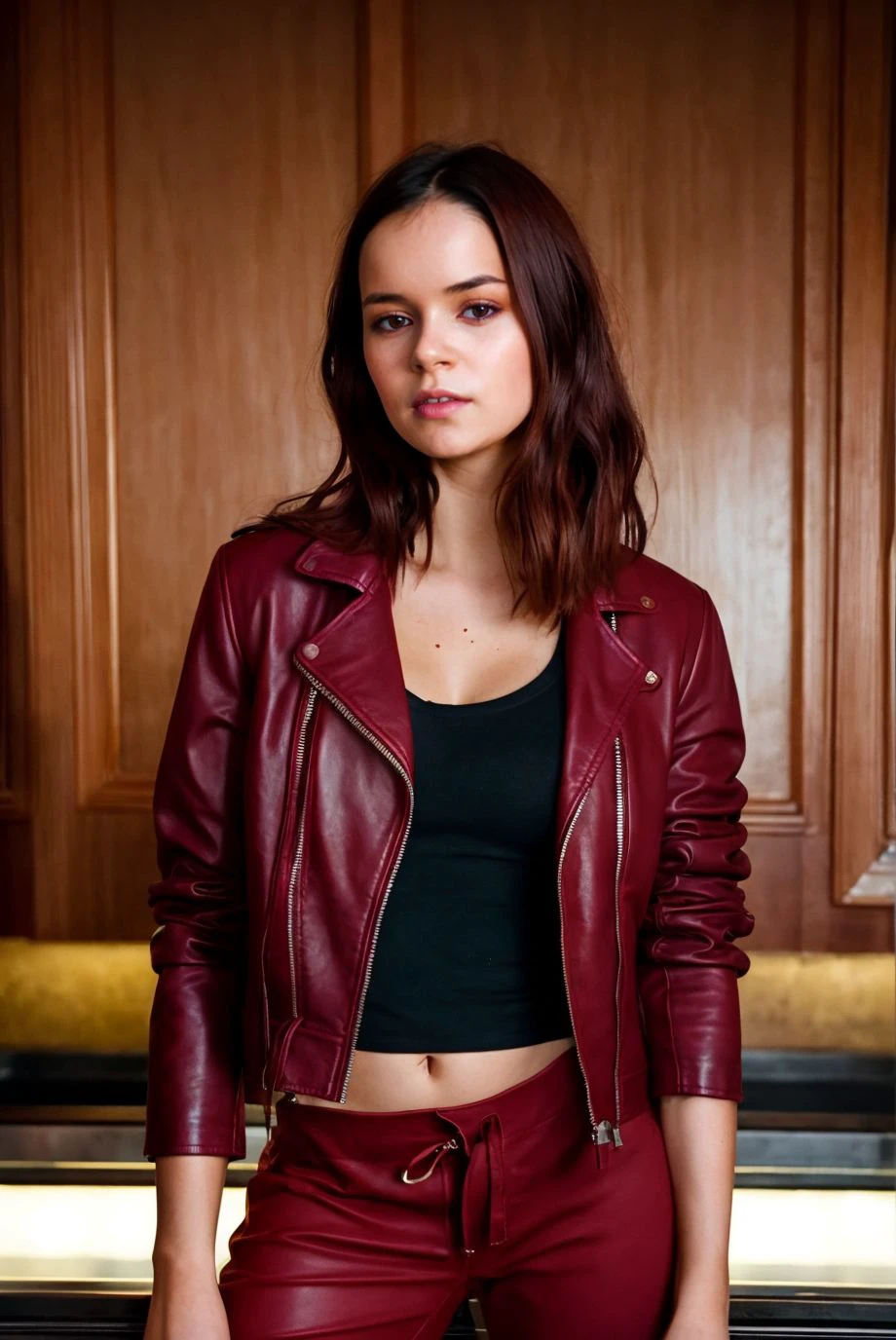 A full color portrait of a beautiful woman wearina a leather jacket and maroon joggers, lively pub,shy,epic character composition,by ilya kuvshinov, alessio albi, nina masic,sharp focus, subsurface scattering, f2, 35mm, film grain <lora:jennajr:1>