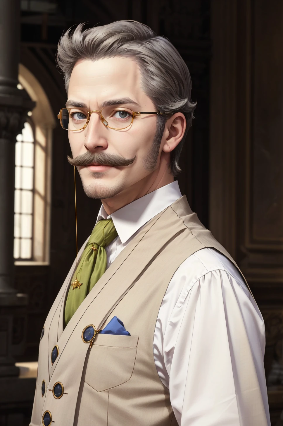 realism, masterpiece, portrait, 1boy, mature male, blue vest, white shirt, looking at viewer, smile, <lora:HannemanFE-bsinky-v1:0.7> hannemanFE, beard, mustache, monocle