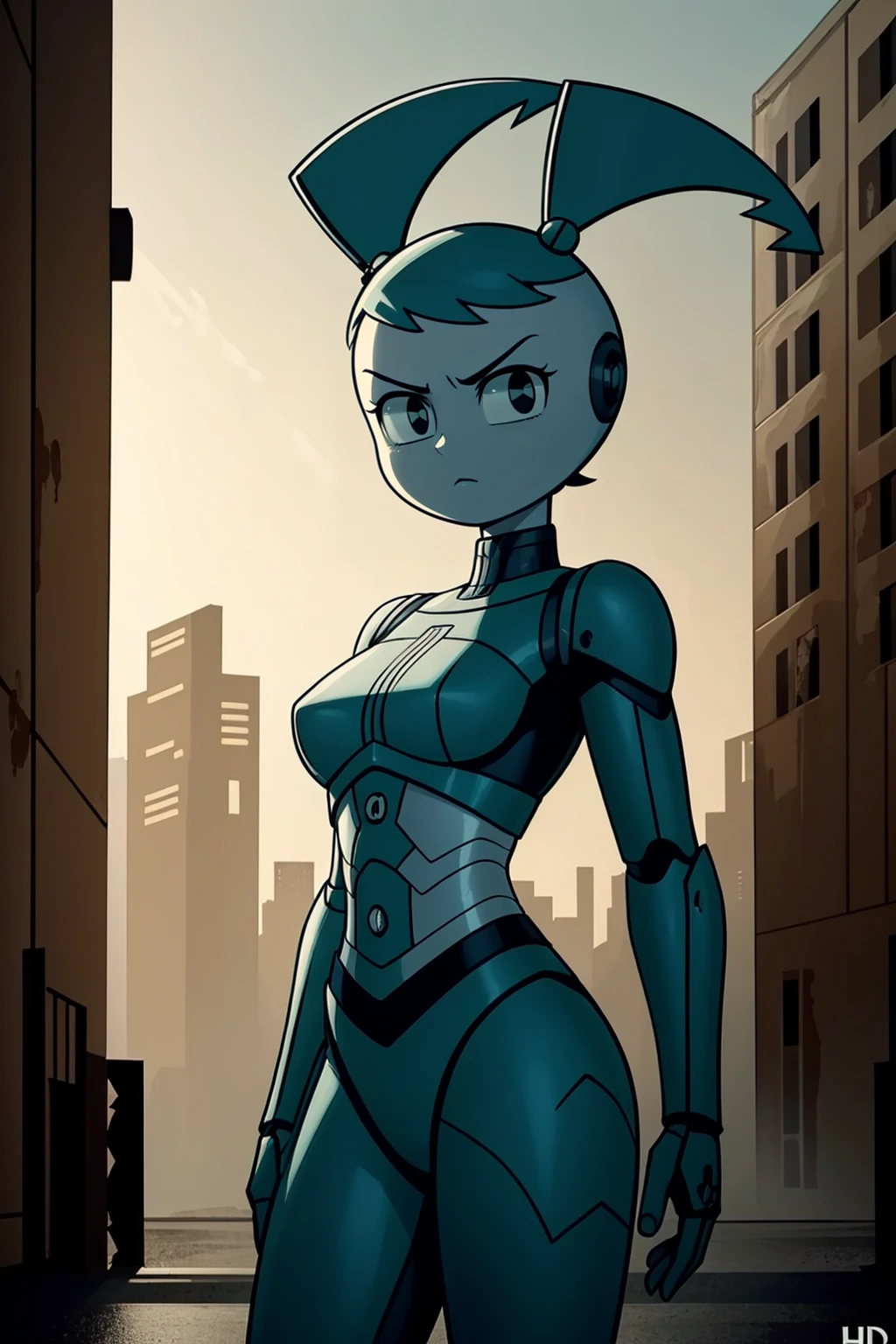 (dark shot:1.1), epic realistic, (masterpiece, best quality:1.2), detailed, cowboy shot, dark shot, hdr, jenny, 1girl, robot, armor, twintails, iron skin, looking at viewer, angry, (ruined city:1.2), night, foggy backgroung,<lora:Jenny_Robot:0.7>, faded, (neutral colors:1.2), (hdr:1.4), (muted colors:1.2), hyperdetailed, (artstation:1.4), cinematic, warm lights, dramatic light, (intricate details:1.1), complex background, (rutkowski:0.66), (teal and orange:0.4)