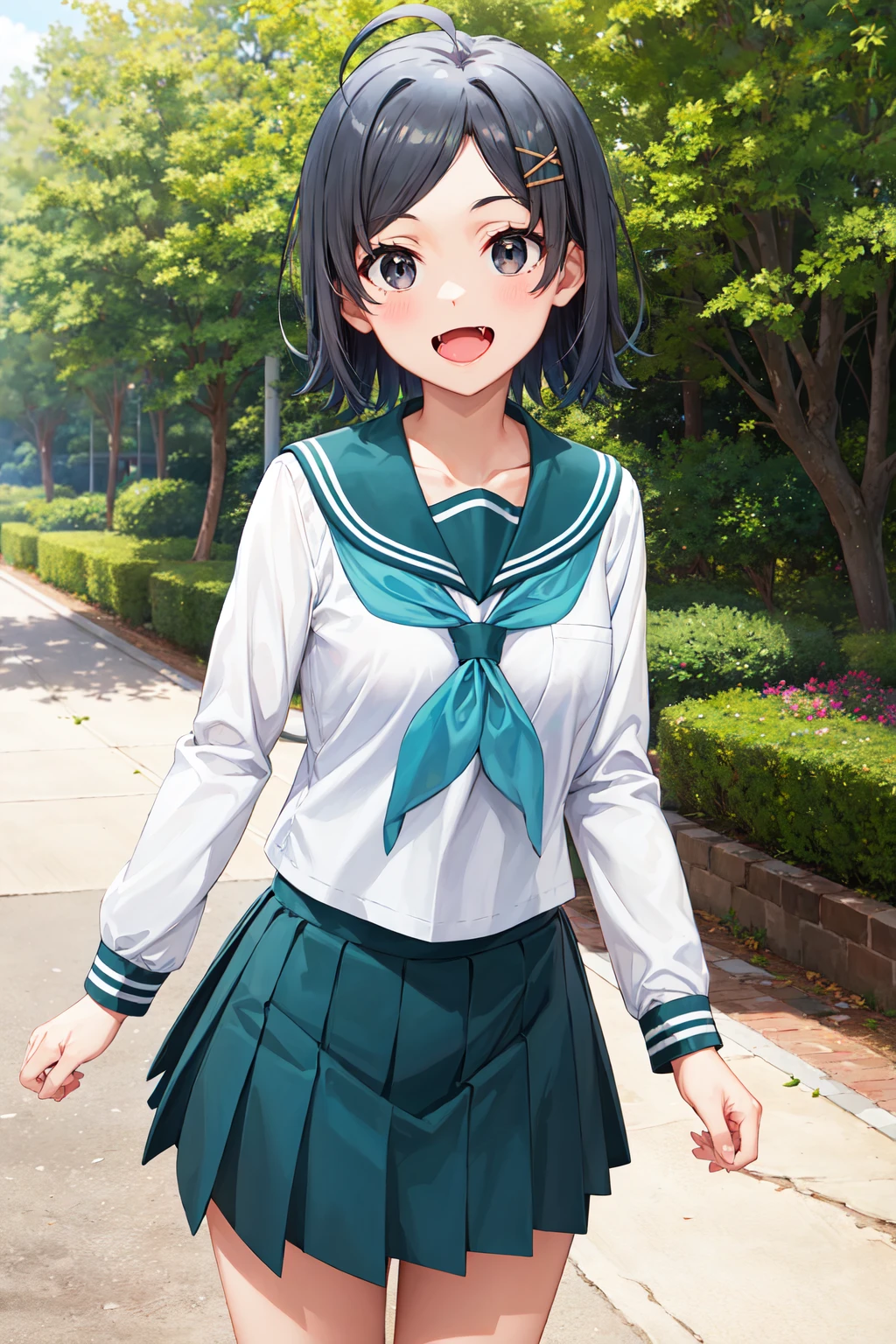 masterpiece, Highest quality, High resolution, Semantics 1, One girl, Nozomi Kasaki, alone, , blue eyes, Black socks, ponytail, Sailor collar, Blue Skirt, Black Hair, blue Sailor collar, Pleated skirt, Blue neckerchief, Short sleeve, Long Hair, White shirt, Knee-high, watch, bangs, Cowboy Shot, ((Showing panties:1.5))