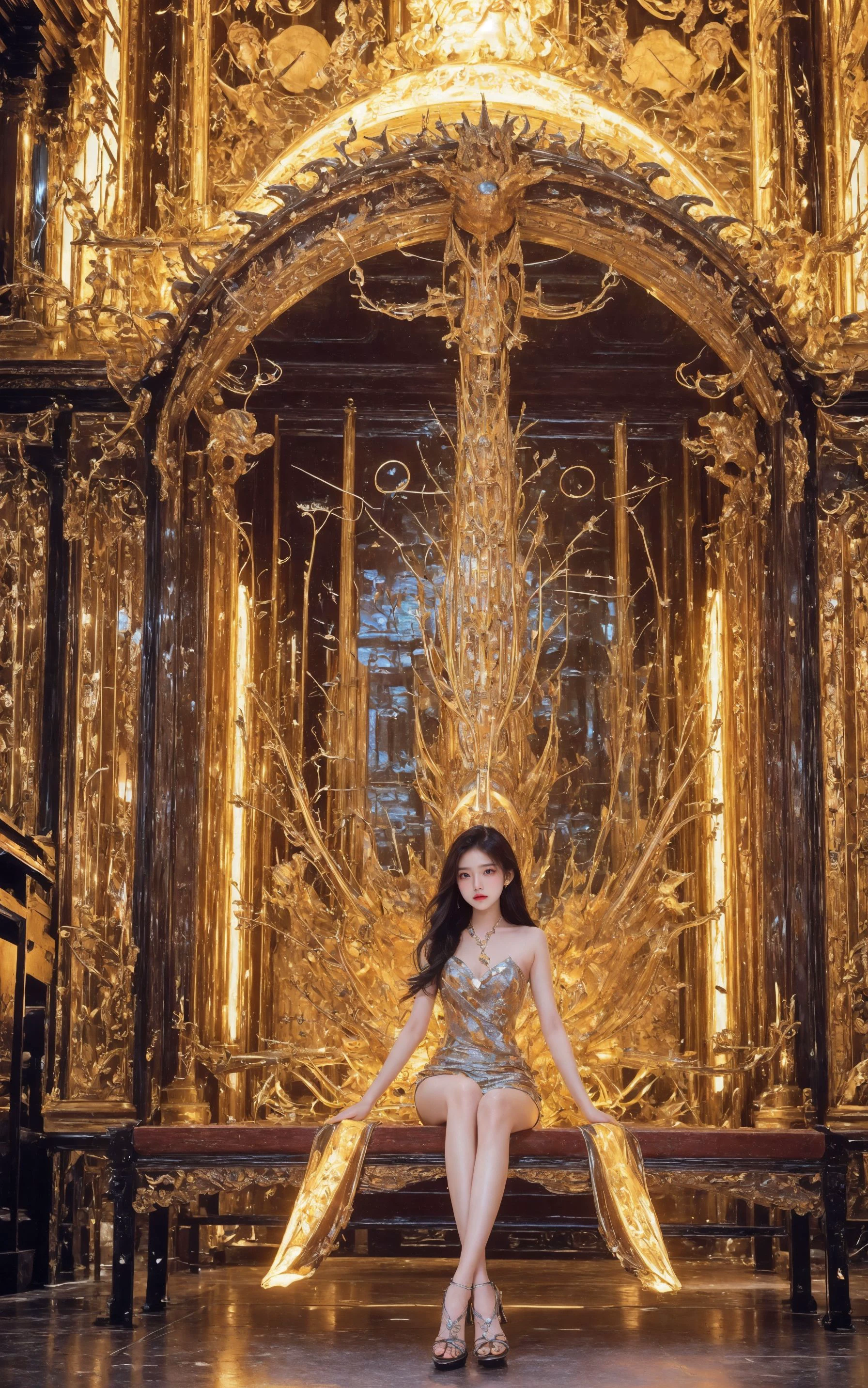 20-year-old female,young head with Chinese dragon,full body photo,sitting,Chinese star Cecilia Cheung,Chinese dragon,wearing Chinese Tang Dynasty clothing,front with extremely intricate mechanical structure,illustrated,x-ray perspective,designed by Nick Wexey,head robot Chinese dragon,transparent scales,can clearly see the mechanical skeleton inside. Color transparent acrylic material,style emphasizes anatomy,visually appears very ethereal,embodies the beauty of technology and art,the image appears very ethereal,rainbow-colored clothes,
<lora:~Q?-mA\g xuer Gold:0.8>,