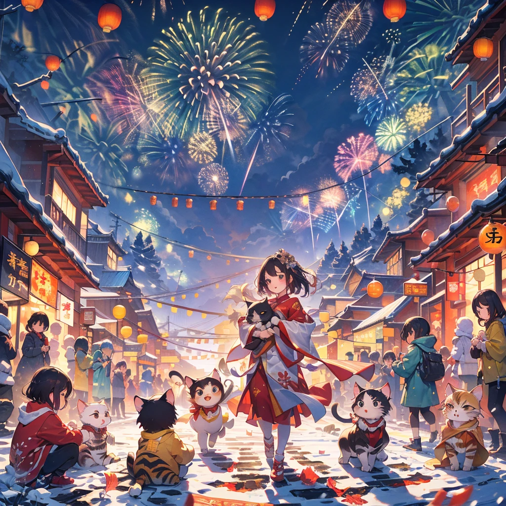 hb,<lora:CHGF:0.7>,Masterpiece,best quality,
(Chinese girls holds a cat in her arms and looks at the audience),(cat),solo,black hair,laughter,red clothes,hanfu,Chinese new year,hanfu,streets,lanterns,(fireworks),(night),snow,from below,full body,Fisheye lens,walking,
hand-drawn illustration,children's illustration,guofeng,fireworks,