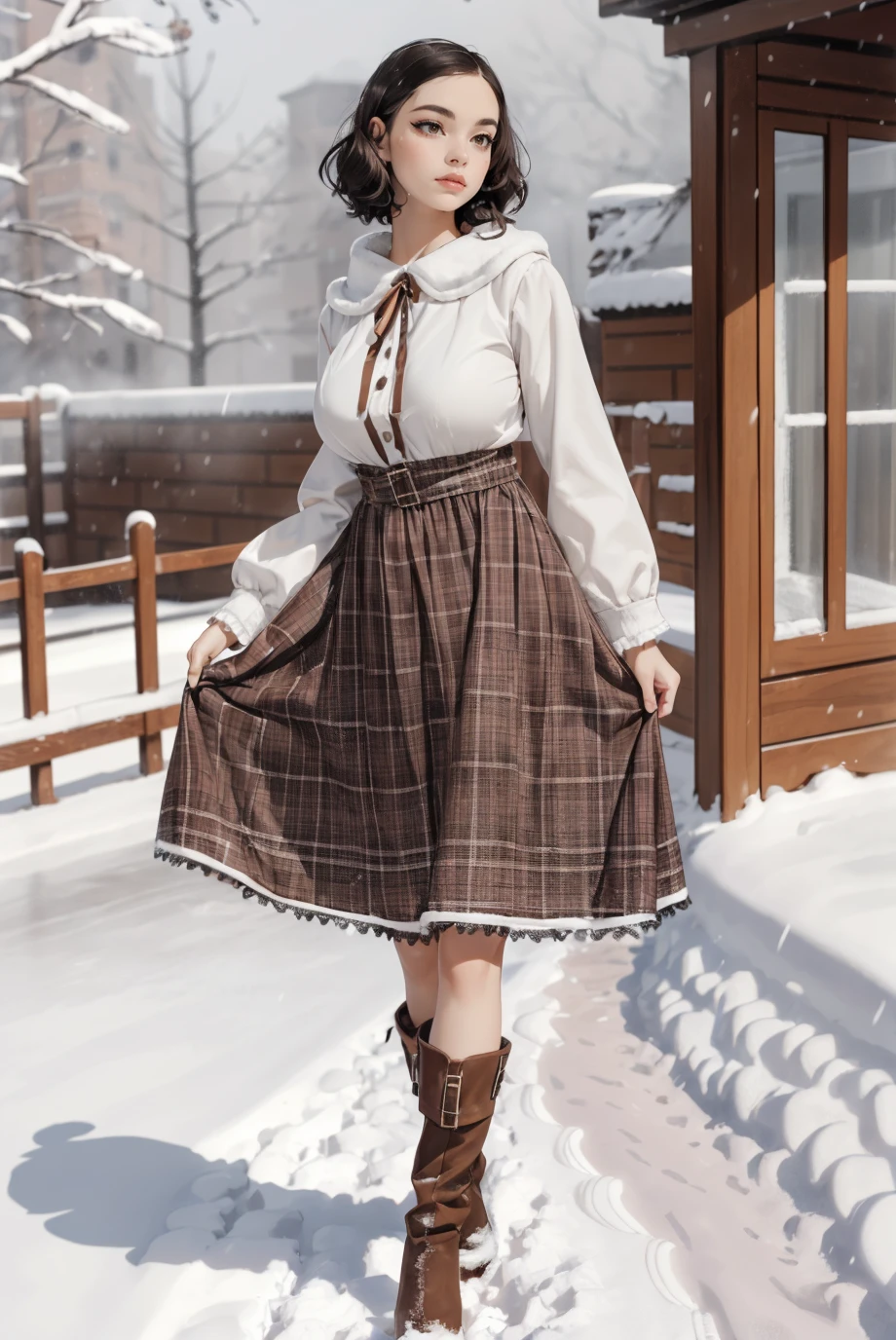 woman, curvy, large breasts, Adult,  (half body photo:1.3), (Short Comb-Over with Skin Fade:1.3), ,  <lora:br0wn_Dr3ss_1:0.75>,br0wn_Dr3ss_1, brown plaid dress, frill,  boots, best quality, high detail, high quality, high res, 4k,eyeliner, pouty lips,  detailed skin texture,  (blush:0.5),(outside in the snow:1.4)