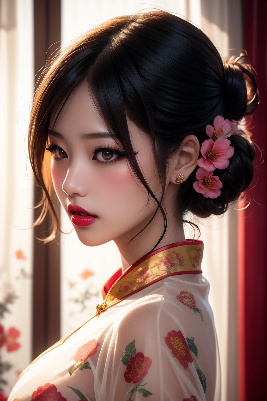 1girl,see-through,parted bangs,eyelashes,window,makeup,blurry background,swept bangs,chinese clothes,floral print,sunlight,single hair bun,lipstick,curtains,china dress,backlighting,realistic,nose,taut clothes,red lips,mascara,
<lora:lbc_ST_print_cheongsam:0.7>,